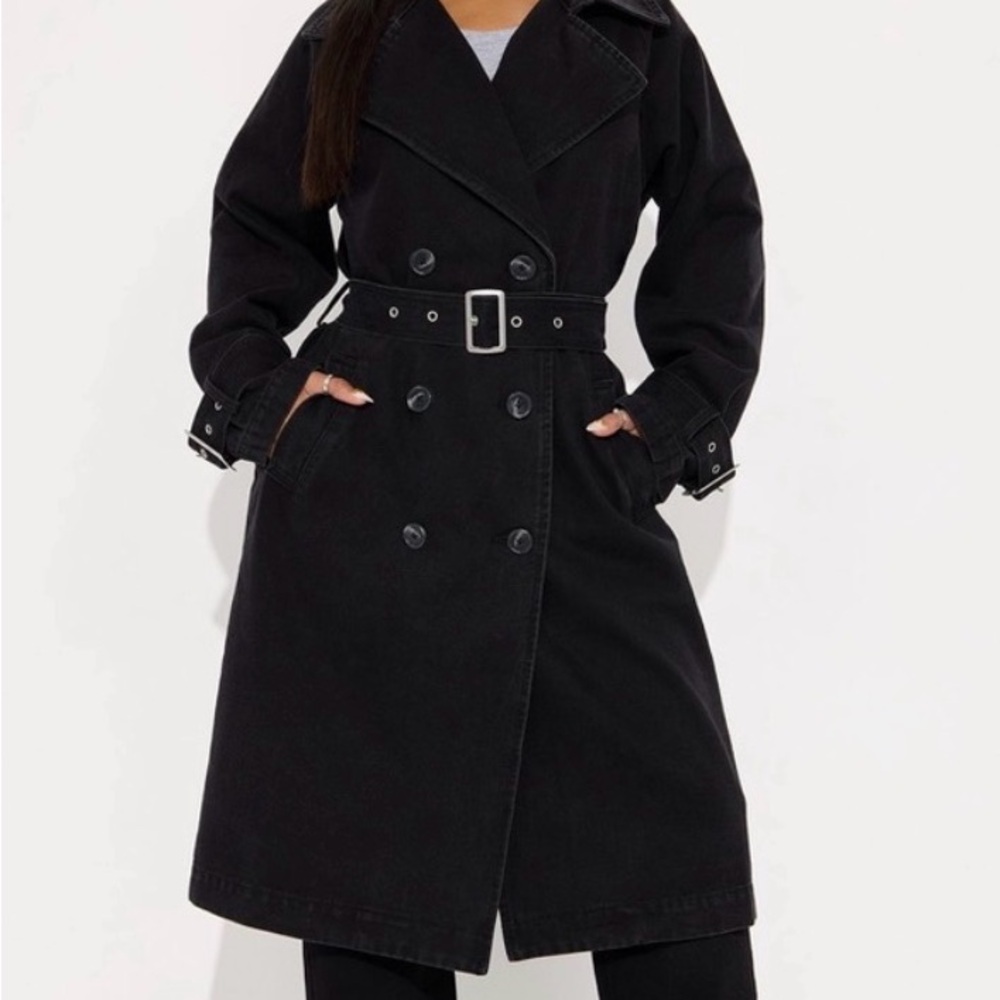 Fashion Nova Black Double-Breasted Trench with Belted Waist